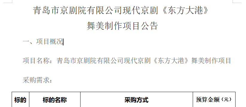 青島市京劇院有限公司現(xiàn)代京劇《東方大港》 舞美制作項目招標(biāo)公告