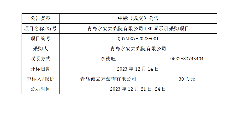 青島演藝集團青島永安大戲院有限公司LED顯示屏采購項目中標(biāo)公告